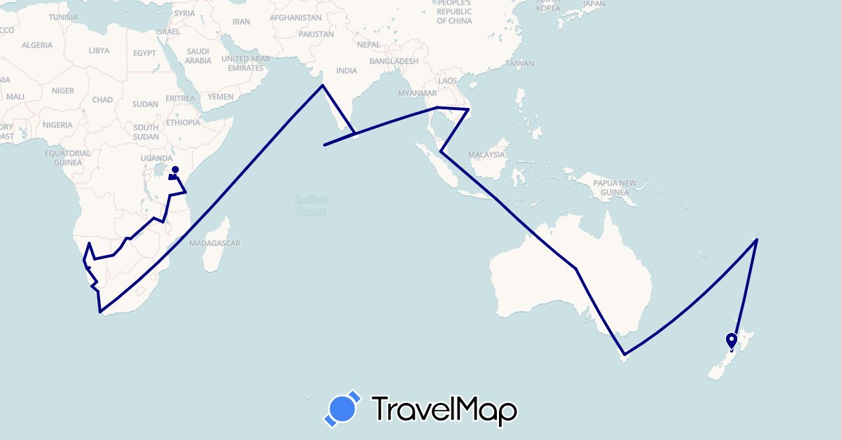 TravelMap itinerary: driving in Australia, Botswana, Fiji, Indonesia, India, Kenya, Cambodia, Sri Lanka, Maldives, Malawi, Malaysia, Mozambique, Namibia, New Zealand, Thailand, Tanzania, Vietnam, South Africa, Zambia (Africa, Asia, Oceania)